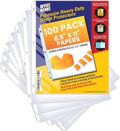 Office Werks 100 protectores de hojas, resistente de 8.5 x 11 pulgadas, página transparente para carpeta de 3 anillas, fundas de plástico para hojas