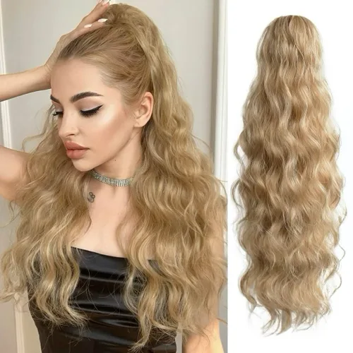 Miniatura 14 de Extensión de cola de caballo ondulada y rizada de 20 pulgadas de largo, peluca sintética de cola de caballo falsa con clip, extensiones de cabello