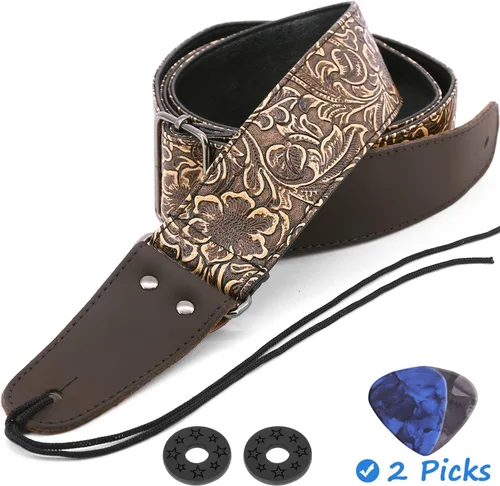 Miniatura 8 de Correa de guitarra, piel sintética impresa, estilo clásico piel sintética PU, con extremos de piel genuina, para guitarra bajo eléctrico, amplio