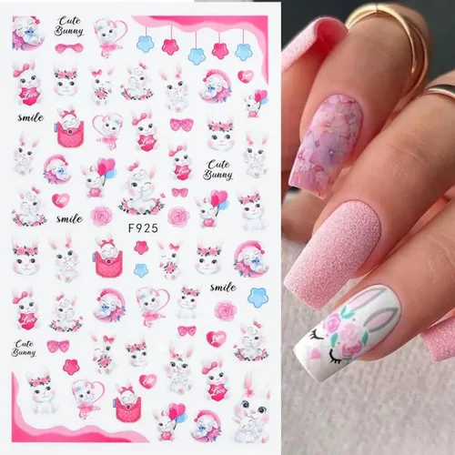 Miniatura 5 de 8 hojas de calcomanías de arte de uñas de conejo de Pascua, 3D, autoadhesivas, accesorios de arte de uñas, caricaturas, conejos, animales