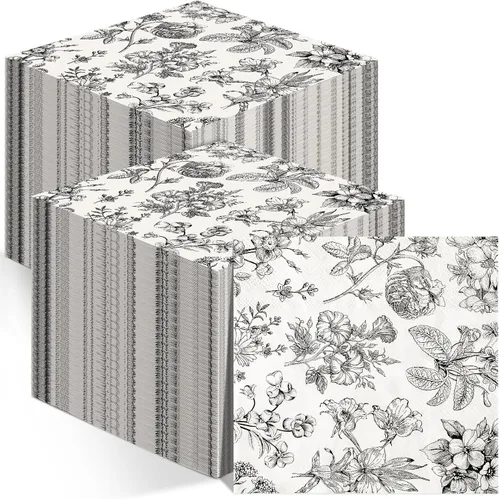 Tatuo Servilletas de papel florales desechables en blanco y negro, servilletas florales vintage con flores para invitados, toallas de mano para