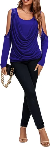Miniatura 5 de Rooscier Blusa de manga larga con cuello vuelto y hombros descubiertos para mujer