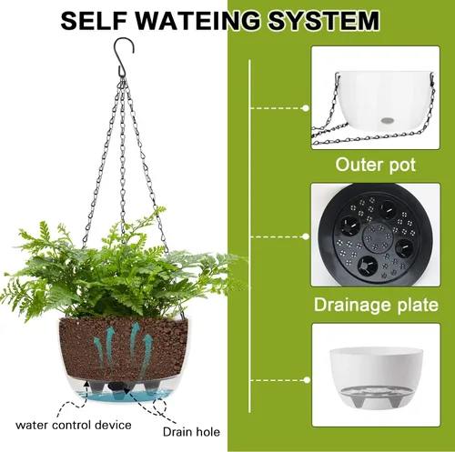 Miniatura 3 de Sungmor Maceta colgante de riego automático para plantas de interior, 9.4 y 11.2 pulgadas, paquete de 2 cestas colgantes grandes de plástico blanco