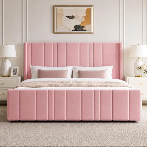 Miniatura 11 de HOMBCK Marco de cama tamaño matrimonial, plataforma tapizada en terciopelo, con cabecero y estribo de canal vertical, listones de madera, sin ruido