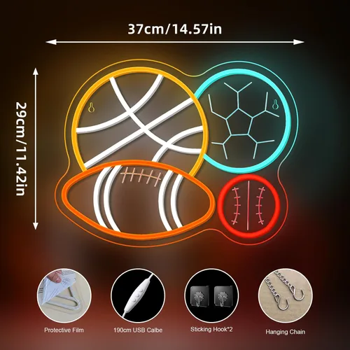Miniatura 6 de NOSUN Letrero de neón con combinación deportiva de 4 bolas para dormitorio de niño, hombre, cueva, fútbol, fútbol, baloncesto, béisbol, luz de neón