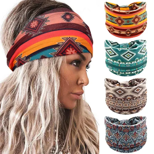 Miniatura 11 de Acenail Diademas anchas para mujer, turbante bohemio, diadema anudada, floral, elástica, antideslizante, para entrenamiento, yoga, bufandas