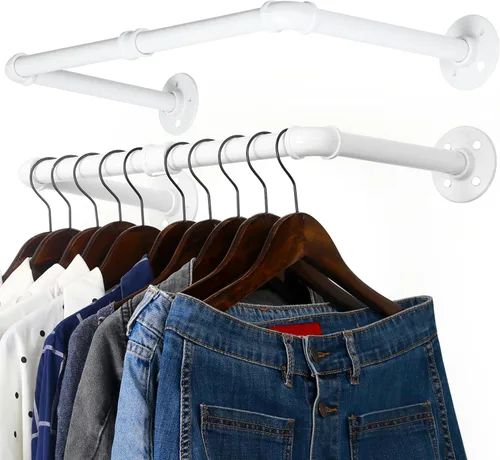 Miniatura 9 de WEBI Perchero de montaje en pared, 24 pulgadas de tubería industrial para colgar ropa, barra de hierro resistente, barra de ropa de exhibición al