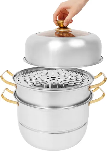 Miniatura 10 de Vaporizador de 10.2 in/10.24 pulgadas, olla de vapor de acero inoxidable de 5 niveles con tapa de vidrio transparente y asas, olla de vapor redonda