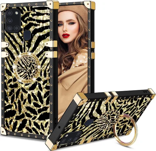 Miniatura 5 de Funda para teléfono Samsung Galaxy A21S con soporte de anillo, diseño retro elegante de lujo, estampado de leopardo, guepardo, dorado, protección