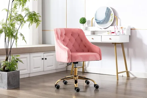 Miniatura 2 de Silla de Trabajo Cómoda para Oficina en Casa con Ruedas, Bonita y Moderna Tapizada de Terciopelo con Respaldo de Concha Marina Ajustable Giratoria