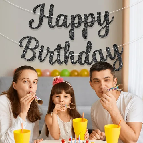 Miniatura 7 de Letrero de Pancarta de Feliz Cumpleaños Negro con Purpurina, Guirnalda de Cumpleaños Pancartas de Pared y Puerta Bandera para Mujeres Hombres Niños