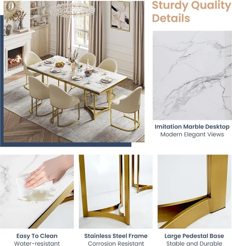 Miniatura 8 de POVISON Mesa de comedor de mármol para 6, mesa de comedor moderna de 71 pulgadas para cocina y comedor, mesa de mármol blanco de lujo con pedestal