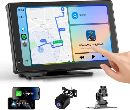 Haudio Estéreo de coche con pantalla táctil HD de 7 pulgadas, CarPlay inalámbrico portátil y Android Auto, cámara de respaldo 1080P, GPS, control de