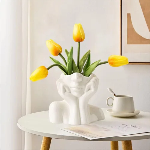 Miniatura 2 de Jarrón grande de cerámica, jarrones de flores blancas para decoración de forma femenina, jarrón de medio cuerpo, bohemio, único, decorativo