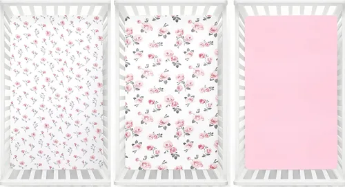 Miniatura 6 de PHF - Juego de 3 sábanas ajustadas de rosa floral para cuna, sedosas, cómodas, transpirables, para niños y niñas, 28 x 52 pulgadas, se adapta a