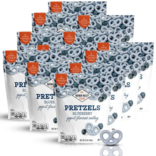 Miniatura 40 de Hayden Valley Foods Pretzels cubiertos con sabor a yogur de arándanos Bolsas de 5 onzas (paquete de 3) Sin sabores artificiales, conservantes