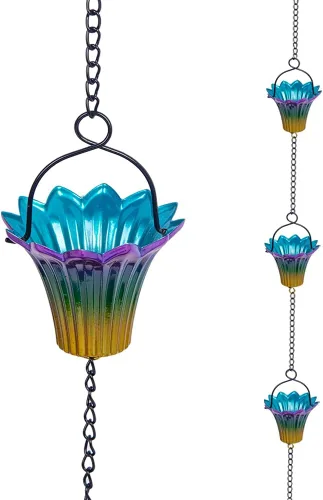 Miniatura 15 de Cadenas de lluvia de 12 pies para exteriores, cadena de lluvia de metal con decoración de mariposa, cadena recolectora de lluvia ajustable con Verde