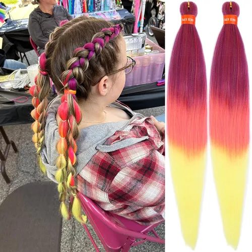 Miniatura 30 de Cabello trenzado preestirado ombré, extensiones de cabello trenzado sedoso, sin picazón, trenzas de cabello trenzado de ganchillo con textura Yaki