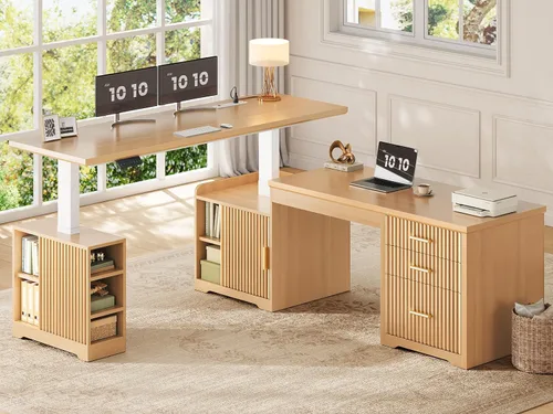 Miniatura 12 de SEDETA Escritorio eléctrico acanalado en forma de L, 63 x 67 pulgadas de altura ajustable para oficina en casa con cajones y estantes, escritorio