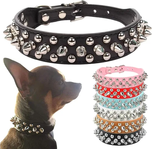 PETCARE Collar de Perro con Pinchos Negro de Cuero PU Suave con Hongos Divertidos Remaches y Tachuelas Collar de Cachorro Ajustable para Exteriores