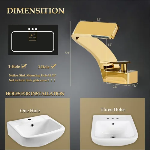 Miniatura 6 de becola Grifo de lavabo de baño de un solo agujero, grifo mezclador de agua fría y caliente de una sola manija, grifo de lavabo de tocador que Dorado