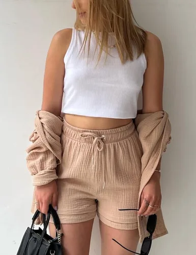 Miniatura 6 de Arssm Conjunto de camisa de manga larga con botones y pantalones cortos para mujer, conjunto de camisa de primavera