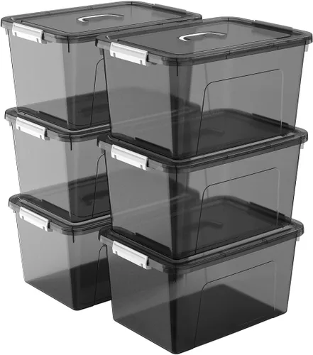 Miniatura 11 de Contenedores de almacenamiento de plástico de 19 cuartos de galón con tapas, paquete de 6 cajas organizadoras apilables transparentes con asa