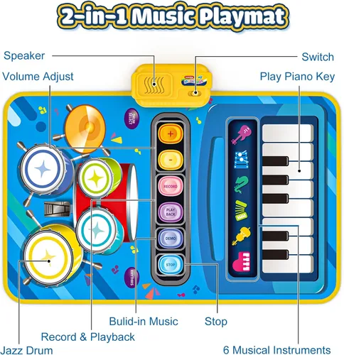 Miniatura 4 de Juguetes para bebés para niños de 1 año, niño niña, 2 en 1 alfombra musical de piano y tambor para niños pequeños de 1 a 3, alfombra de aprendizaje