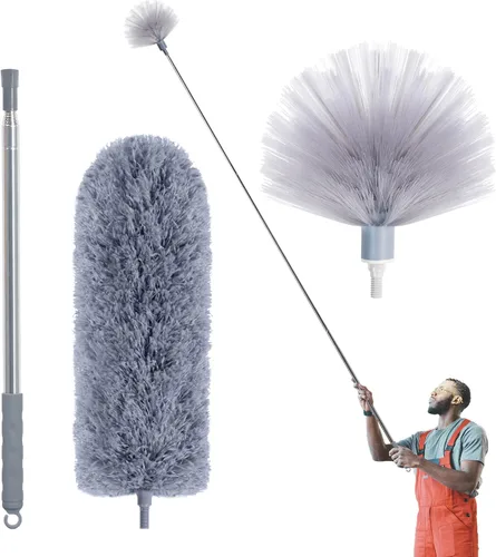 IVYROLL Plumero de telaraña con poste de extensión, cepillo de telaraña y kit de limpieza de techo, limpiador de plumas de microfibra de 100" con