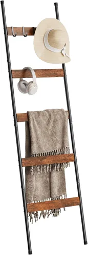 Miniatura 10 de ELYKEN Escalera de Mantas para Sala de Estar, Soporte de Edredón de 5 Niveles de Estilo Granja con 4 Ganchos Removibles para Baño, Estante de Roble