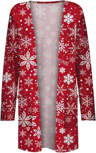 Miniatura 3 de ZEFOTIM Cárdigan de Navidad para mujer 2024, casual, ligero, frente abierto, cárdigan largo, divertido copo de nieve, estampado de Papá Noel, tops