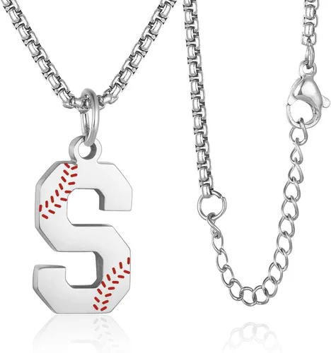 Susook Collar con inicial de béisbol para niños, dije de letra A-Z, cadena de acero inoxidable de 22 + 2 pulgadas, regalo de béisbol personalizado