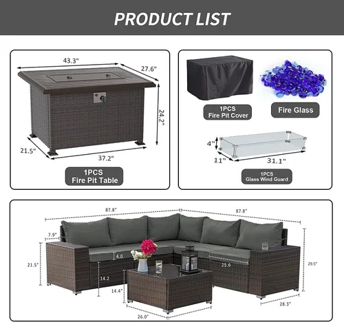 Miniatura 6 de Kullavik Juego de 7 muebles de patio al aire libre con mesa de fogata de gas propano de 43 pulgadas, 55000 BTU, sofá seccional de ratán de Gris