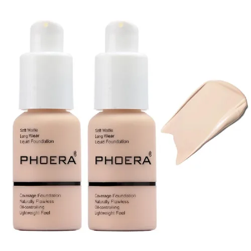 Paquete de 2 bases PHOERA 101 porcelana, base de maquillaje de cobertura total para mujeres y niñas (101 porcelana)