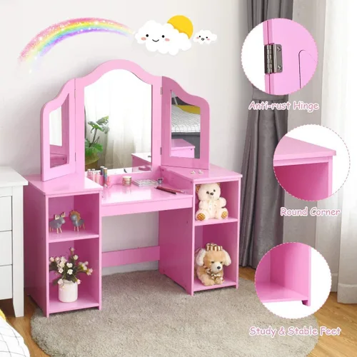 Miniatura 7 de MAT EXPERT Juego de mesa de tocador para niños con espejo de tres pliegues, tocador de juego de simulación con 4 estantes de almacenamiento, tocador