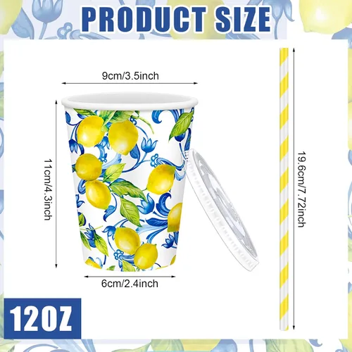 Miniatura 2 de Tessco - Juego de 50 vasos de papel Capri Lemon con tapas y pajitas, 12 onzas, azulejos azules italianos, tazas frías de limón italiano para fiesta