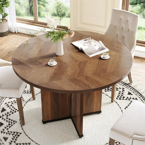 Miniatura 7 de LITTLE TREE Mesa de comedor redonda de 39 pulgadas para 4, mesa de cocina rústica con pedestal estable en forma de X, mesa de comedor