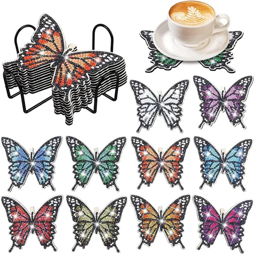 Kit de 10 posavasos de pintura de diamantes de mariposa con soporte para principiantes, adultos y niños, suministros de arte de primavera para regalo