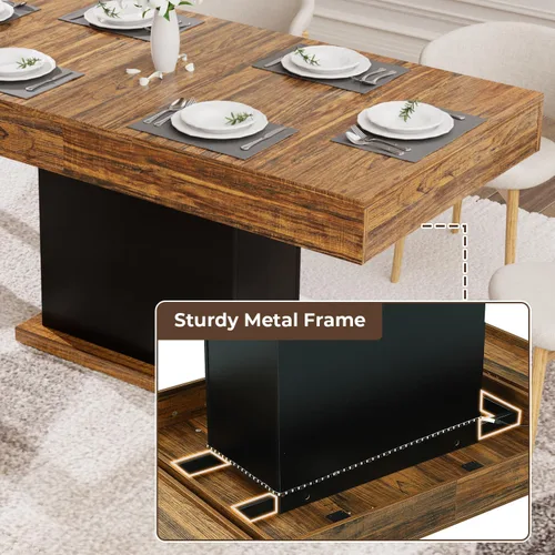 Miniatura 4 de Mesa de comedor de 55 pulgadas para 4 a 6 personas, mesa de comedor de madera de granja con cajones y luces LED para cocina, comedor y sala de estar