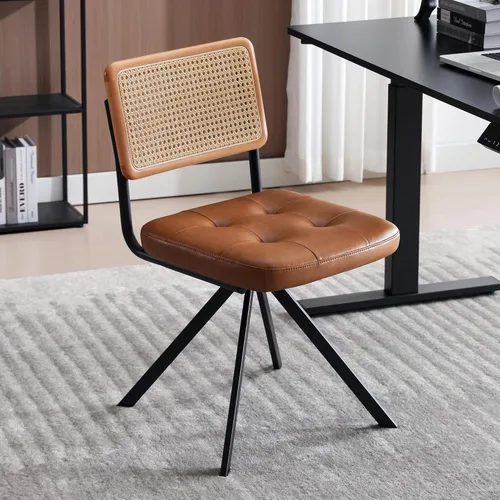 Zesthouse Silla de escritorio de ratán sin ruedas, silla de oficina moderna de mediados de siglo con malla de caña y respaldo de madera, silla Marrón