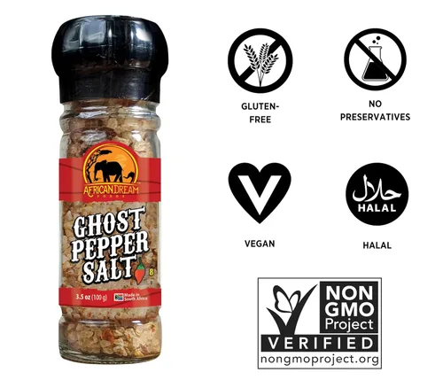 Miniatura 3 de African Dream Foods - Sal picante de pimienta fantasma Sal de chile totalmente natural Fabricado con pimientos fantasma africanos 3.5 onzas