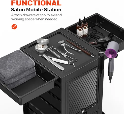 Miniatura 7 de OmySalon Carrito de peluquería, estación de estilista con 2 puertas con cerradura, organizador de carrito de pelo rodante con cajones y cubo