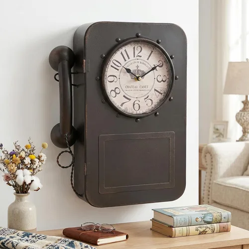 Reloj de pared para teléfono vintage con caja fuerte de almacenamiento oculto, armario retro con cerradura para llaves montado en la pared con