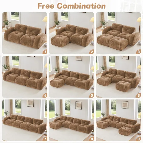 Miniatura 8 de Sofás modulares en forma de L de 110.6 pulgadas para sala de estar, moderno sofá sin hueso de terciopelo con 1 otomana, no requiere montaje, cómodo