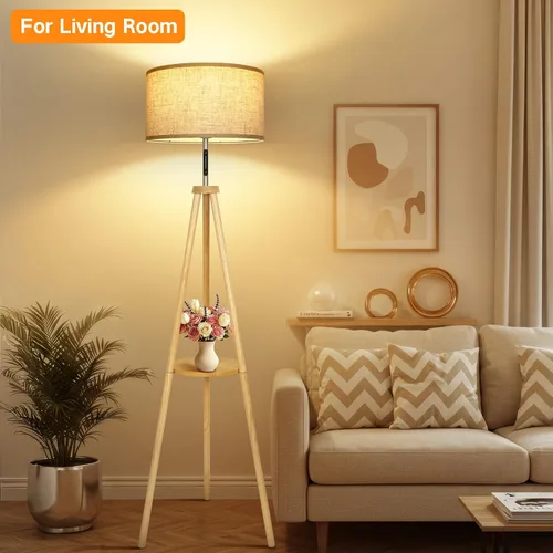 Miniatura 17 de OUTON - Lámpara de pie de trípode de madera con estantes, lámpara de pie de mediados de siglo con control remoto, 4 temperaturas de color, lámpara