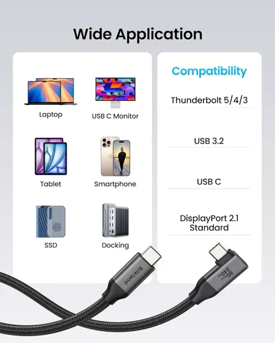 Miniatura 6 de Silkland Cable USB 4 en ángulo recto de 80 Gbps para cable Thunderbolt 5 de 4 pies, ancho de banda de 120 Gbps para 16 K/Dual 8K, 240 W, cable