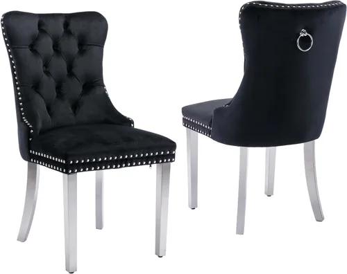 Miniatura 77 de LKTART Juego de 2 sillas de comedor de terciopelo, sillas de comedor copetudas con ribete de anillo de clavo, silla de comedor tapizada con patas