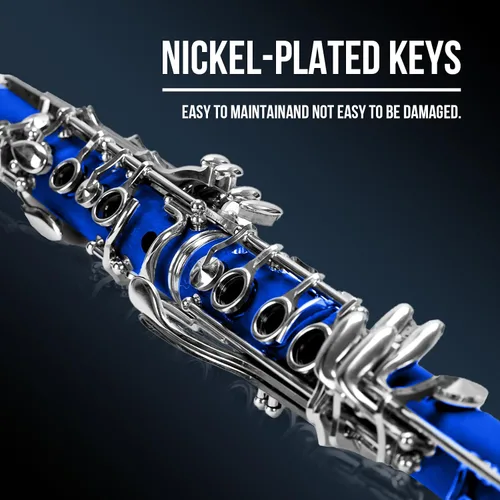 Miniatura 2 de Soulmate Bb Flat - Clarinete para estudiantes principiantes con 17 teclas de níquel con 2 barriles y kit de limpieza para clarinete, color azul