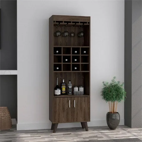 Miniatura 2 de FM FURNITURE Edessa - Armario de bar con 12 cubos de vino, 2 estantes abiertos, estante de vidrio y un gabinete de doble puerta, nogal oscuro