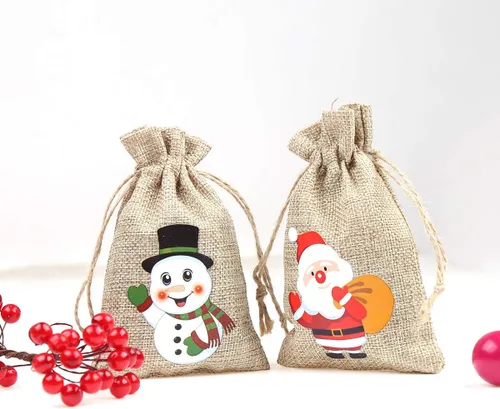 Miniatura 4 de CCINEE 96 bolsas de regalo de Navidad de arpillera con cordones, bolsas de dulces de Navidad con dobles cordones de yute, 4X6 pulgadas 96 piezas